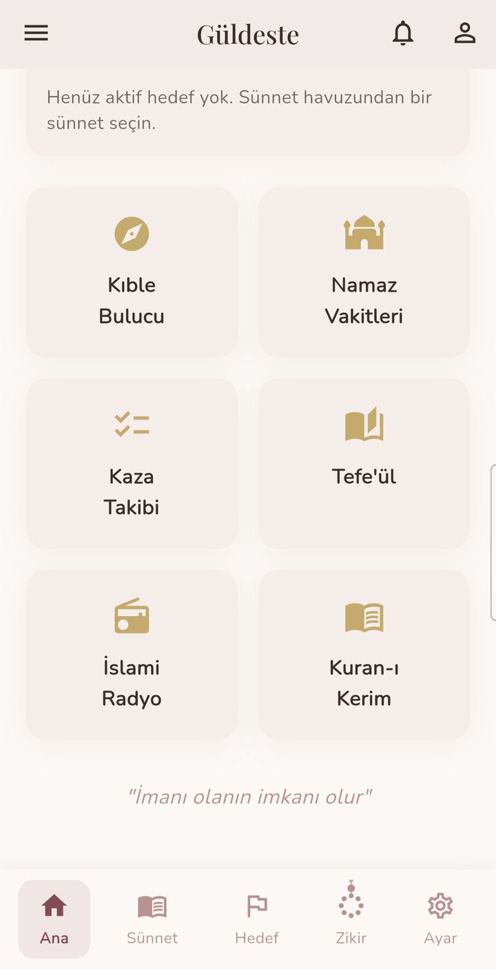 Ana ekran kısayolları: Kıble Bulucu, Namaz Vakitleri, Kaza Takibi, Tefe'ül, İslami Radyo, Kuran-ı Kerim