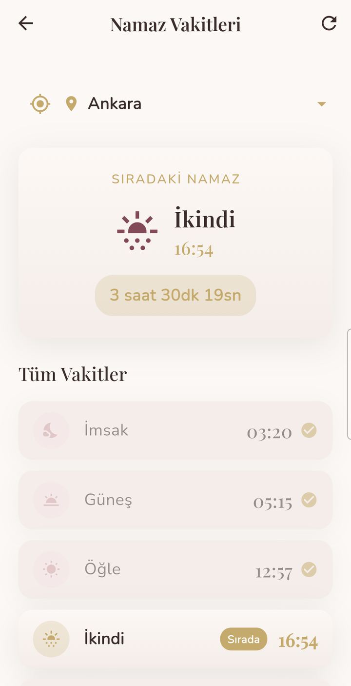 Namaz vakitleri ekranı: sıradaki namaz ve geri sayım